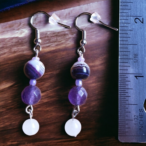 Purple Agate, Amethyst, Selenite and Sterling Silver Beaded Handcrafted Earrings - Picture 6 of 6